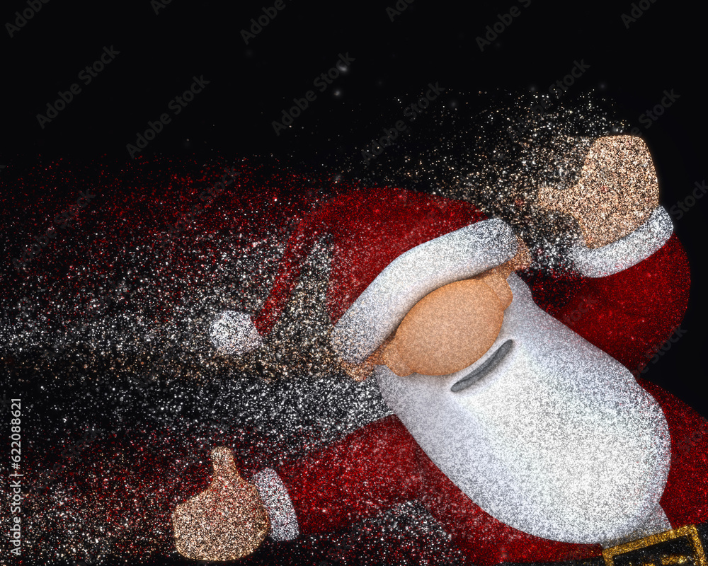 Poster 3D render of Santa Claus with an exploding glitter effect