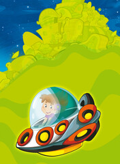 Cartoon funny colorful scene of cosmos galactic alien ufo isolated illustration for children