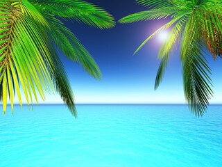 Fototapeta na wymiar 3D render of palm trees against a tropical ocean scene