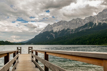 View at Lake Eibsee near Garmisch Partenkirchen, Bavaria, germany, in summer at a misty late afternoon