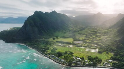 Paradise Oahu trip. USA tourism background for copy message. Beautiful mountains aerial 4K. Travel island in Pacific Ocean. Famous tourists attraction Kualoa ranch.Summer tour Cinematic Hawaii island
