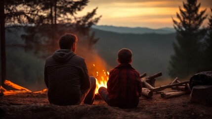 Father with son warm near campfire. Camping in the mountains. Generative AI