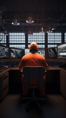 Fototapeta premium A person with his back in prison clothes sitting at a desk with five computer monitors. Generative AI