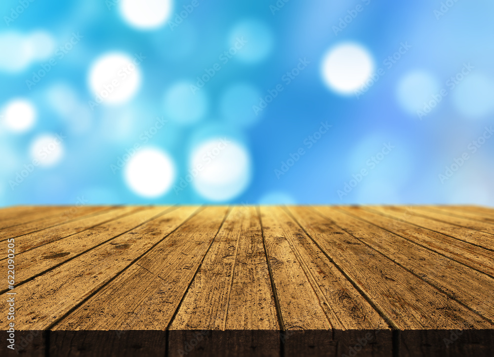 Poster 3d render of a wooden table on bokeh lights background
