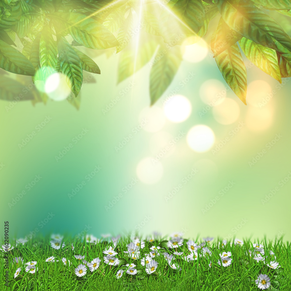 Poster 3d render of daisies in grass on a bokeh lights background