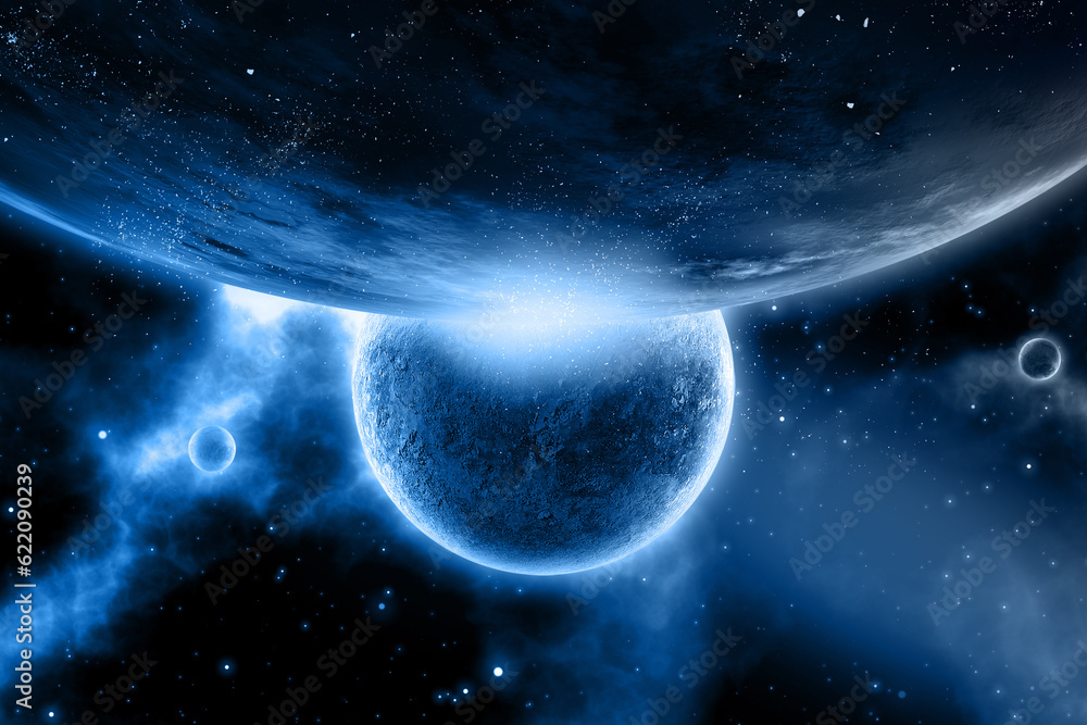 Poster 3d render of an abstract space scene with fictional planets