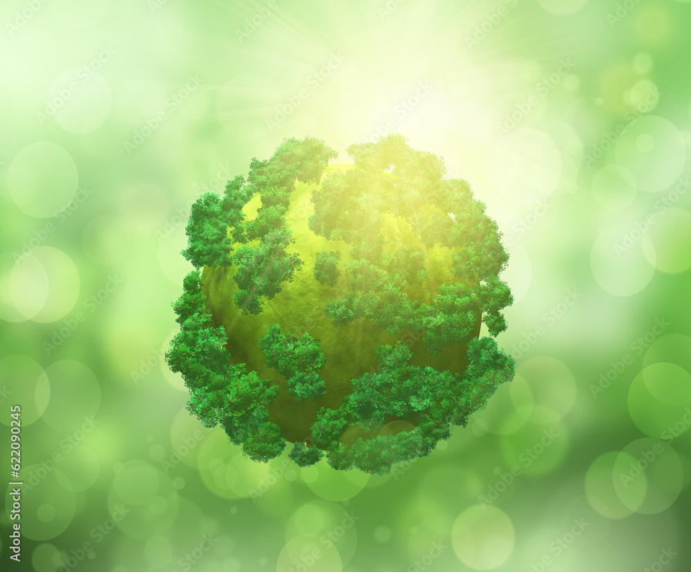 Aufkleber 3d render of trees on globe on a bokeh light background