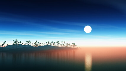 3D render of an island of palm trees against a sunset sky