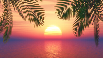 3D render of view of a sunset ocean through palm tree fronds