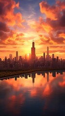 Horizonte de Chicago al atardecer. Reflejo de la ciudad en el agua y cielo con nubes naranjas. Generative AI