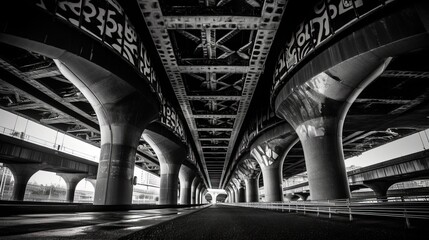 Fototapeta premium Under bridge. Architecture. Black and white. Generative AI