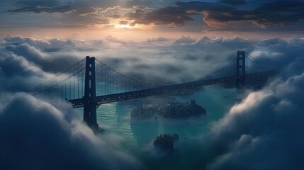 Bird's eye view of bridge in clouds. Generative AI