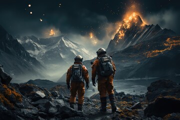A team of astronauts exploring a barren alien landscape under a vast, star - studded sky. Generative AI