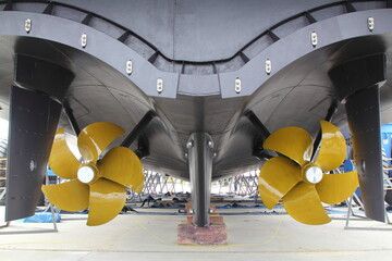 mega yacht propeller. View of large propeller on land of mega yacht ready to go to sea.