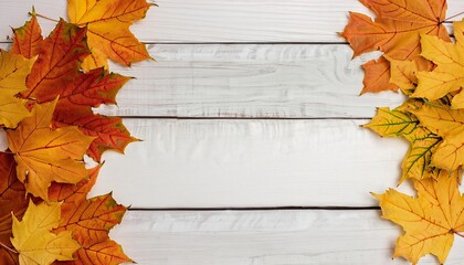 Naklejka na ściany i meble Autumn background, autumn leaves on a wooden background, Generative AI