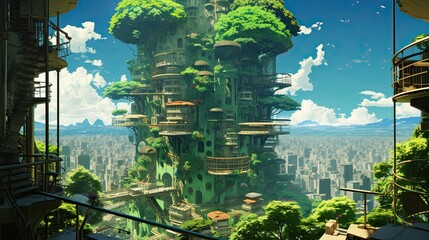 Garden in the village of island. AI generated art illustration. 