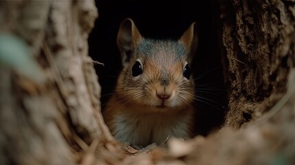 Obraz premium Cute squirrel in tree hollow. Generative AI