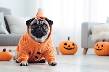 Pug dressed in a jack pumpkin lantern costume sits on a floor