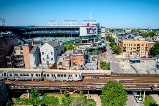 Train passing by Wrigley Field