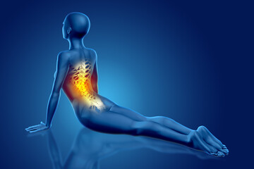 3D render of a female medical figure in yoga pose with backbone highlighted