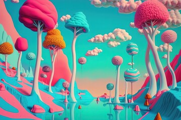 Abstract landscape of heaven. Surreal fantasy landscape of wonderland. Generative AI