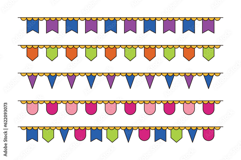 Poster a set of ribbons, flags, label borders and icon illustrations in a colorful, simple and flat style w