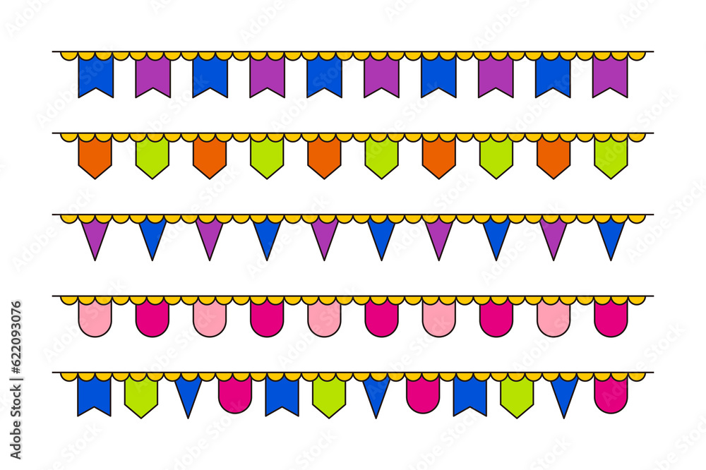 Poster a set of ribbons, flags, label borders and icon illustrations in a colorful, simple and flat style w
