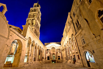 Fototapeta na wymiar Split historic landmarks evening view of cathedral and Peristil square, UNESCO world heritage site, Dalmatia, Croatia