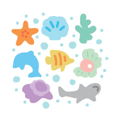 A set of cute hand-drawn illustration with the concept of summer sea. Whales, fish, seaweed, starfish, shells, pearls, coral.