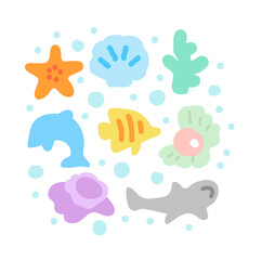 A set of cute hand-drawn illustration with the concept of summer sea. Whales, fish, seaweed, starfish, shells, pearls, coral.