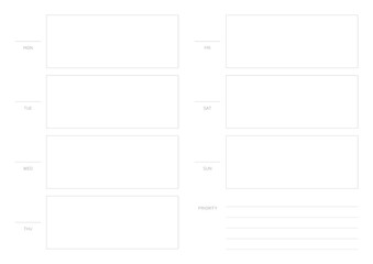 A weekly plan design template in a modern, simple, and minimalist style. Note, scheduler, diary, calendar, planner document template illustration.
