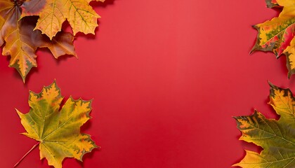 Naklejka na ściany i meble Autumn background, autumn leaves on a red background, Generative AI