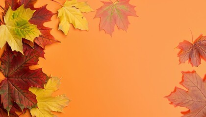 Naklejka na ściany i meble Autumn background, autumn leaves on an orange background, Generative AI