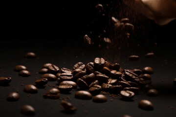 Dark coffee beans close up on dark background  AI-Generated 