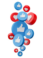 Thumb up, Like and love icon. Social media sign, technology design banner. 3D render illustration.