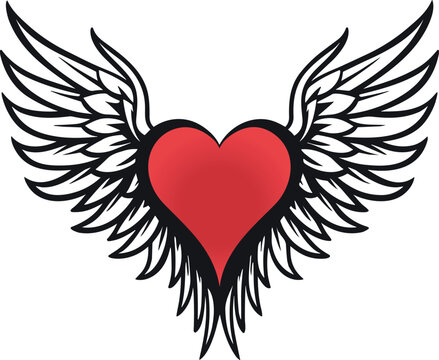 flying red heart with wings tattoo vector design isolated on white background