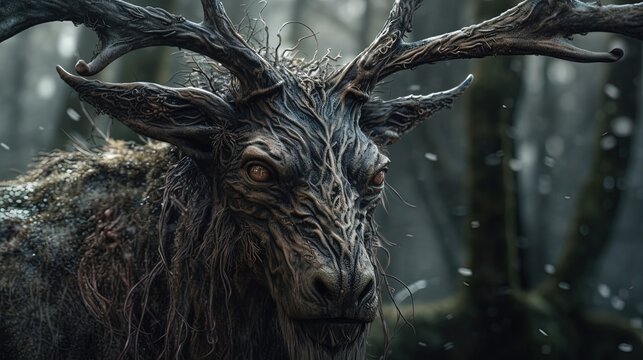 Mystical wendigo. Forest horned creature. Generative AI