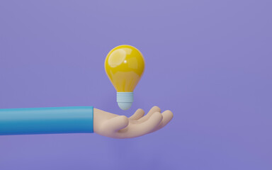 Hand holding a light bulb, idea thinking or solution business on purple background. Great ideas competition, Creative idea concept. 3D rendering