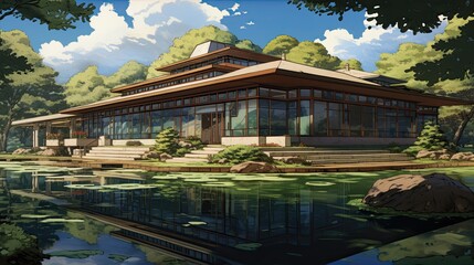 Obraz premium Pavilion in the park. AI generated art illustration.