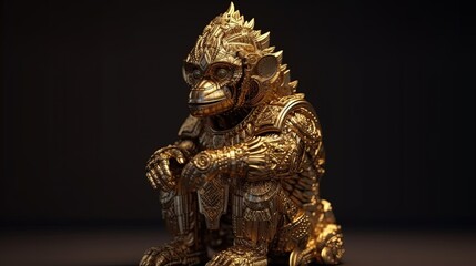 Fototapeta na wymiar Golden gorilla statue. Gold metal monkey figurine. Generative AI