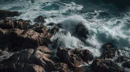 Waves on the rocks. Aerial view. Generative AI