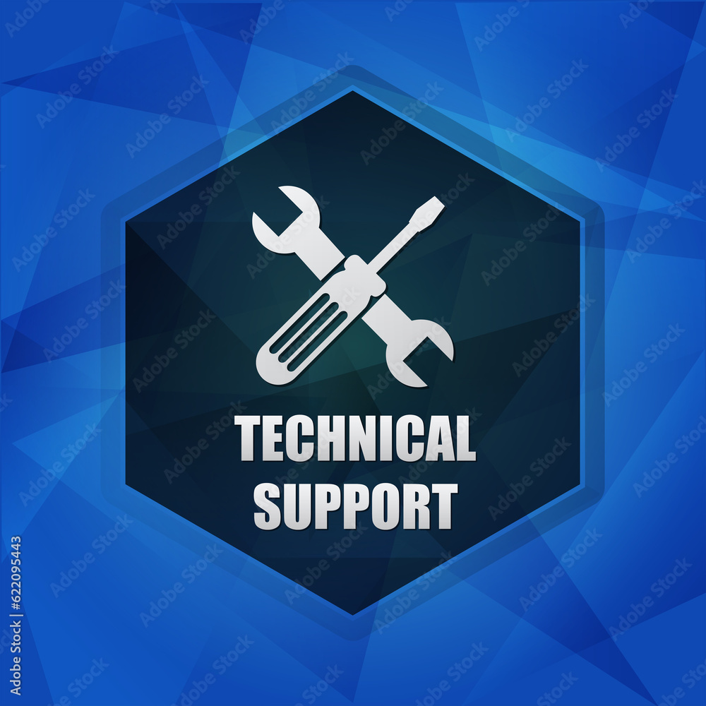 Poster technical support with tools sign over blue background with flat design hexagons, web icon with symb