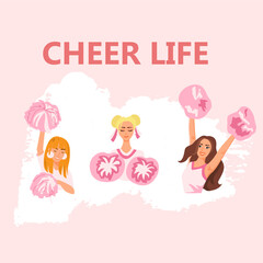 Cheer life . Cheerleader girls with pink pompoms dancing to support football team during competition. Vector illustration on textured background.