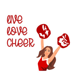 Live love cheer . Cheerleader girl with red pompoms dancing to support football team during competition. Graphic design cheerleading lettering.