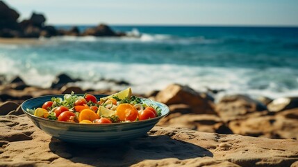 Fresh salad on a plate, beach setting
