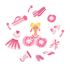 Cheerleading poster. Girl with pompoms and other sport elements. High school cheerleading costume. 