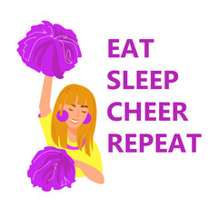Poster for competition. Cheerleader girl in violet and yellow uniform. Lettering design. Eat, sleep, cheer, repeat. 