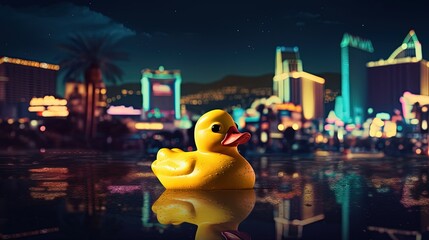 Yellow rubber duck. Toy. Blur futuristic city background. Generative AI - obrazy, fototapety, plakaty
