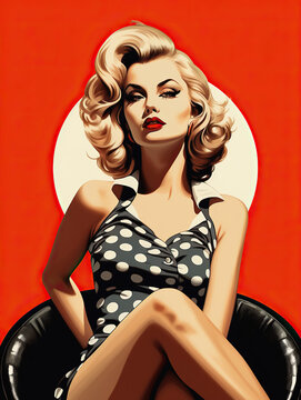 Beautiful pin up girl wearing polka dot dress. 50s style retro poster graphic with red background. Generative AI