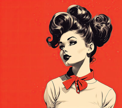 Pretty pin up girl. 50s style retro poster graphic with red background. Generative AI